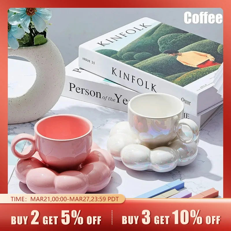 Charming Cloud Macaroon Series: Ceramic Coffee Mug Set with Saucers - Perfect for Home & Office in Pink Pearl & White