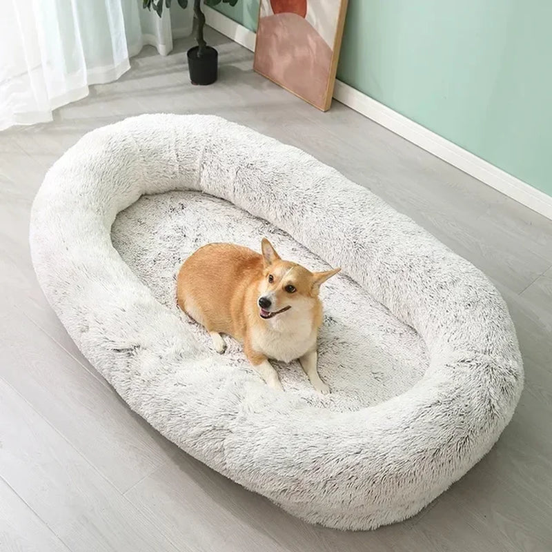 Human Dog Kennel Cozy Plush Round Pet Bed - Ultra-Soft Sponge Filled Dog Mattress for Winter Warmth