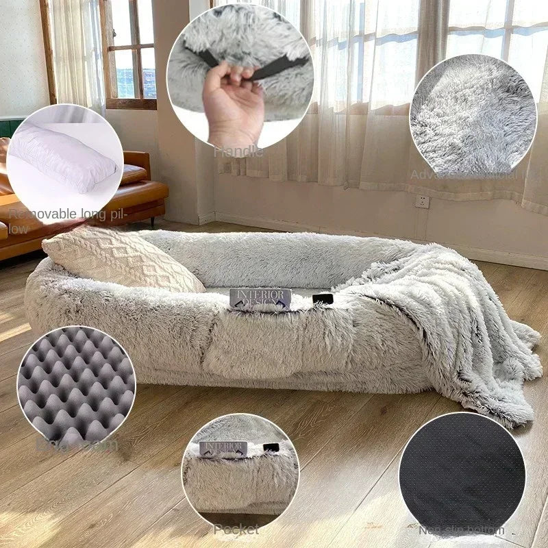 Human Dog Kennel Cozy Plush Round Pet Bed - Ultra-Soft Sponge Filled Dog Mattress for Winter Warmth