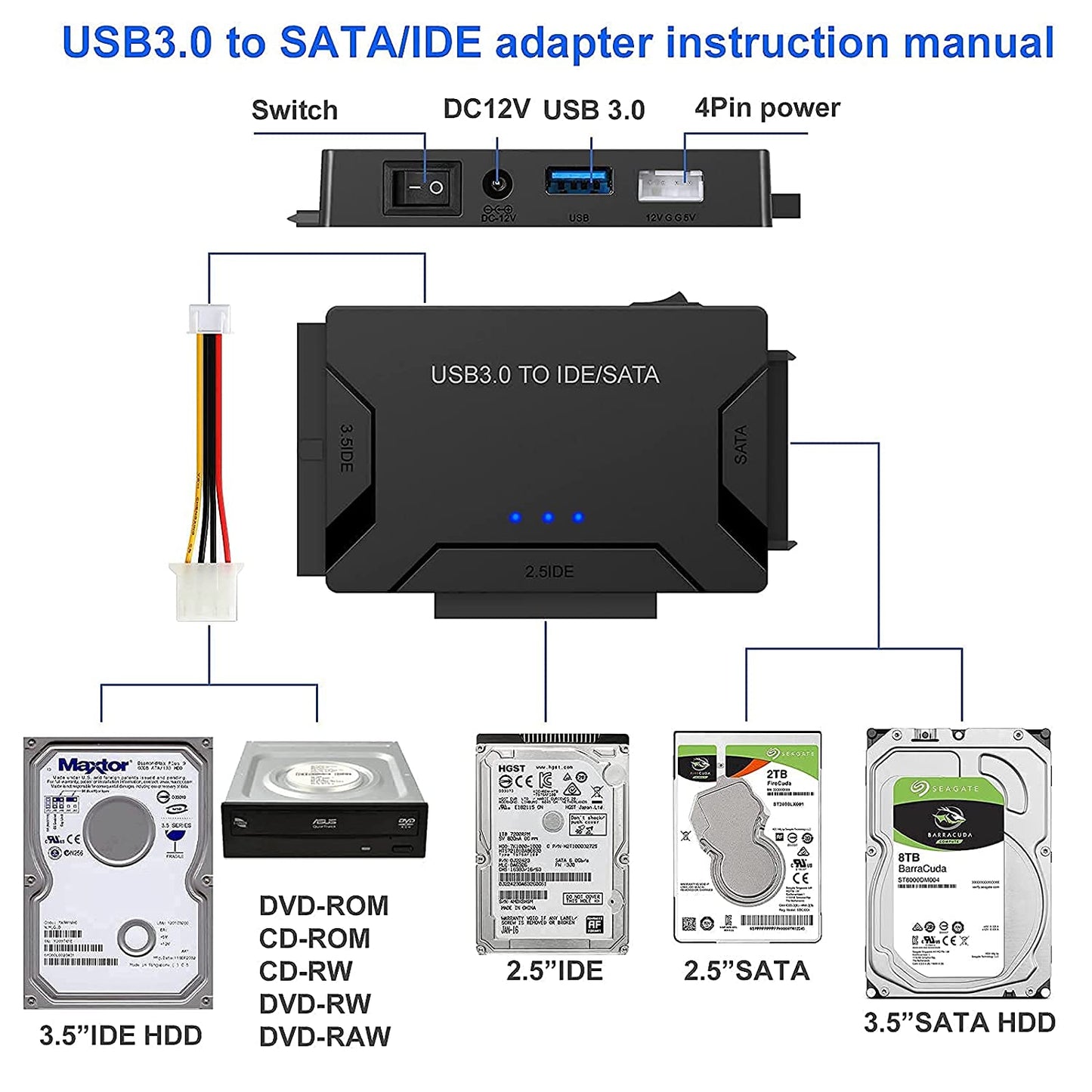 Versatile USB 3.0 to SATA/IDE Hard Disk Adapter Converter Cable