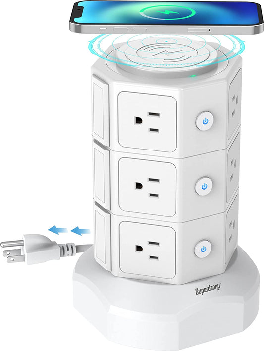 SUPERDANNY Power Tower: All-in-One Surge Protector with 15W Magnetic Wireless Charging - 12 AC Outlets, 6 USB Ports & 6.5Ft Cord - Ultimate Charging Station for Home & Office, 1050J Protection, White