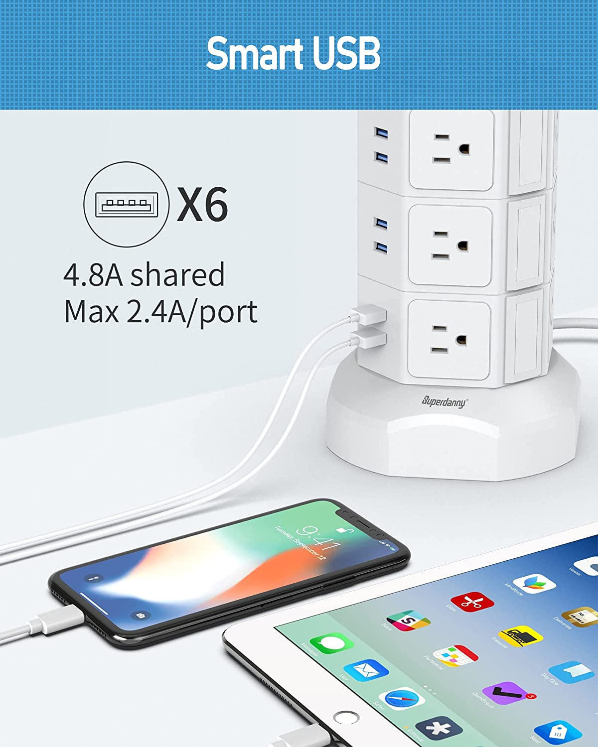 SUPERDANNY Power Tower: All-in-One Surge Protector with 15W Magnetic Wireless Charging - 12 AC Outlets, 6 USB Ports & 6.5Ft Cord - Ultimate Charging Station for Home & Office, 1050J Protection, White