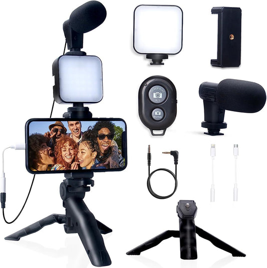 Smartphone Vlogging Kit: Ultimate Starter Set for iPhone & Android - Tripod, Mini Microphone, and Adjustable Lighting