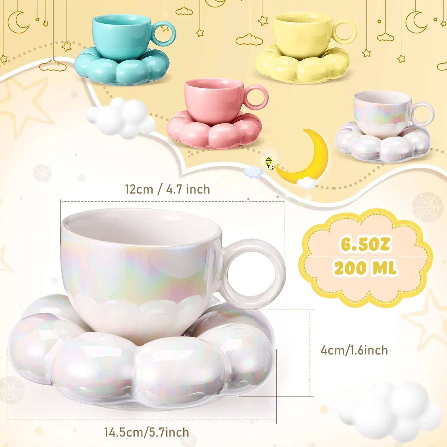 Charming Cloud Macaroon Series: Ceramic Coffee Mug Set with Saucers - Perfect for Home & Office in Pink Pearl & White